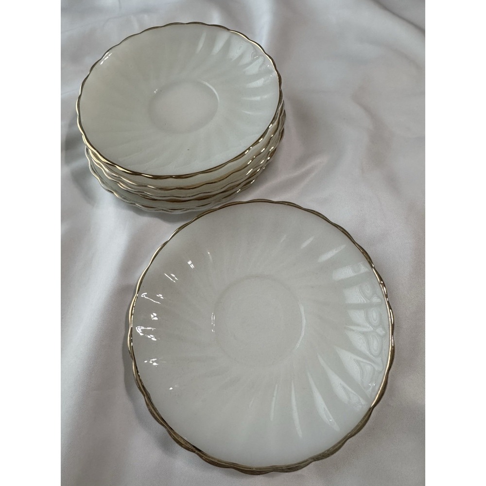 MCM Anchor Hocking Fire King Shell Gold Trim White Saucers (6)